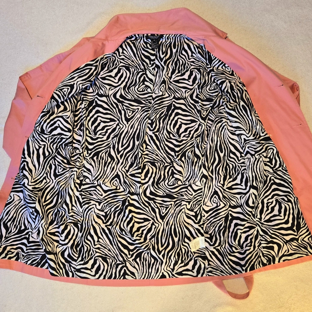 FLAWED* Midi Trench Coat Salmon Pink, Rhinestone Buttons/Belt Zebra Print Lining - Picture 2 of 12